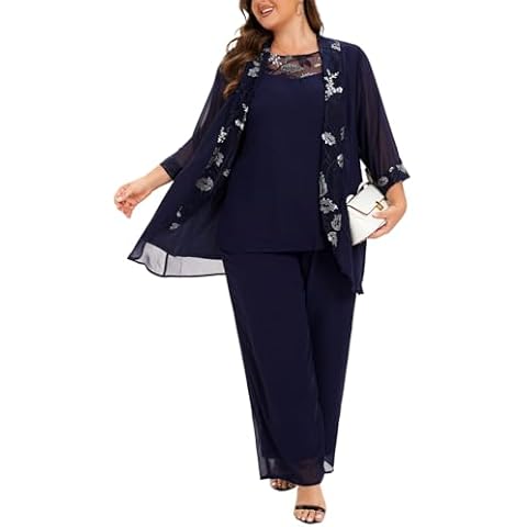 Women's Plus Size Wedding Pant Suits 3 Piece Chiffon Party Outfit for Mother of The Groom Bride Evening Gowns Blue Cover