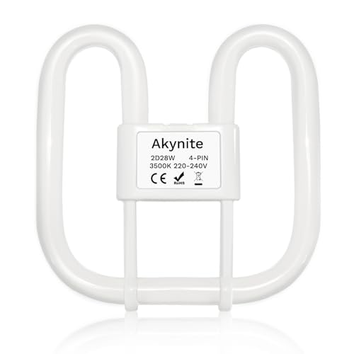 Akynite GR10q 4-Pin Bulb 28W 3500K Warm White, 2000LM, 2D Square CFL Compact Fluorescent 4 Pin Light Bulb, AC 220V, GR10q DD Flat Butterfly Bulb for Flush Ceiling Light, not dimmable, 1 Pack