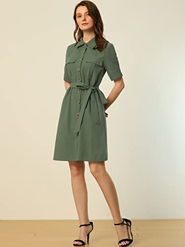 Image of Allegra K Women's Safari Dress Collared Short Sleeve Cotton Belted Button Down Shirt Dresses