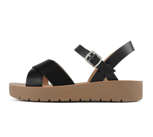 Image of Soda CHESTER ~ Women Flat Sandals Flatform Ankle Buckle Criss Cross Band Straps Sandals Shoes (Gold Raffia, 5.5)