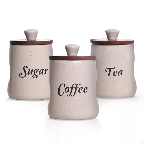 Image of Ceramic Tea Coffee Sugar Containers Set of 3 with Wooden Lids | Jar & Container for Kitchen Storage Set | Multi Utility Air Tight Kitchen Organizer Items (Hand-Painted, 330 ML)
