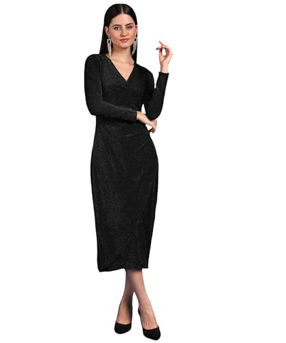 Image of SAFFE Women's Stylish Casual Evening Textured Full Sleeve V-Neck Bodycon Body Fitted Midi Dress, Maroon