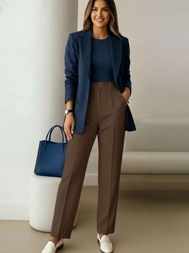 Image of KATECLO Women's Wide Leg Pants | Beige Polyester Trousers | Stylish Korean Clothing | Flared, Straight Fit, Baggy, and Loose Jeggings for Girls and Women