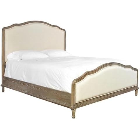 MAKLAINE Wood Queen Panel Bed with Upholstered Headboard and Footboard in Beige Cover