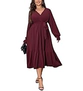 SCOMCHIC Womens Plus Size Wedding Guest Dresses Long Sleeve Wrap V Neck Belted Ruffle Hem A-Line ...