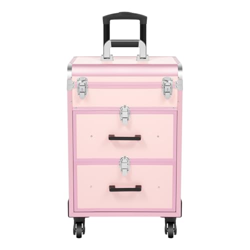Fennnds Maleta de maquillaje con ruedas, maletín de peluquería de 3 pisos, maletín de belleza, rígido, carrito de cosméticos con 4 ruedas, color rosa