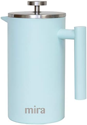 MIRA 34 oz Stainless Steel French Press Coffee Maker with 3 Extra Filters | Double Walled Insulated Coffee & Tea Brewer Pot & Maker | Keeps Brewed Coffee or Tea Hot | 1000 ml (Pearl Blue)