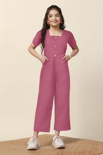 Image of Fashion Dream Girl's Ankle Length Solid Jumpsuit (FDGJMP00086 PNK 36 Pink 11-12 Yrs)