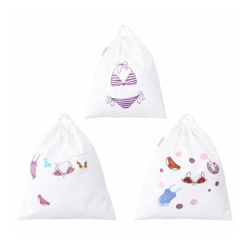 Image of Lingerie Drawstring Bags Set of 3, 15x15 inch, 100% Pure Cotton, Cute Embroidery Pouch for Underwear, Swimwear, Delicates & Travel Storage, Washable Beach Bags for Women (White)