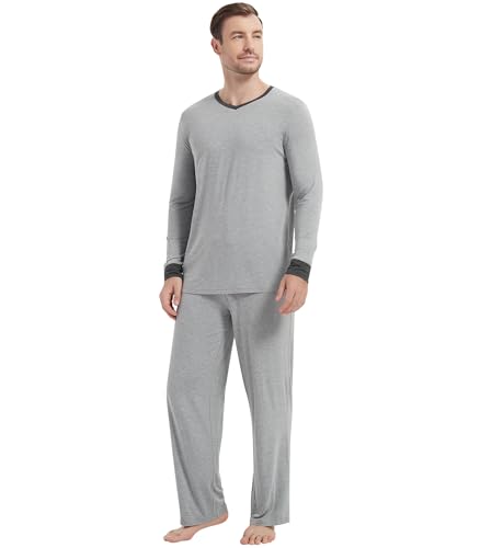 Image of NACHILA Pajamas for Men-Viscose Made from Bamboo, Long Sleeve Pajamas Set Comfy Sleepwear Pants Soft V Neck Pjs with Pockets