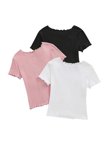 Milumia Girl's 3 Pack Solid Lettuce Trim Short Sleeve Round Neck Ribbed T-Shirts Tops2