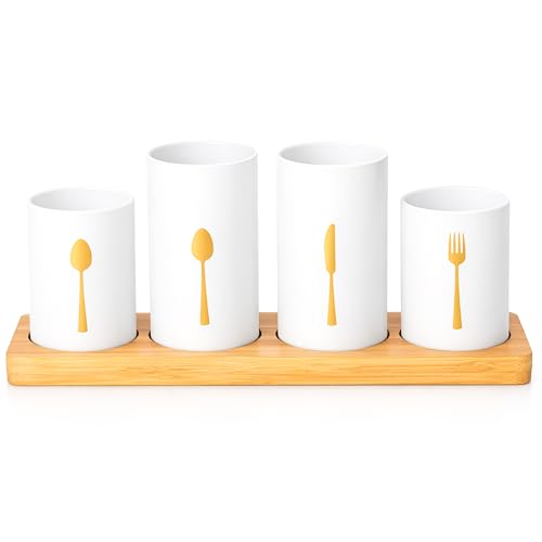 Innoteck 4pc Kitchen Cutlery Holder Set - Modern Farmhouse Kitchen Décor - Natural Bamboo - White Utensil Crock - Vintage Organizer - Tool Caddy - Countertop Storage