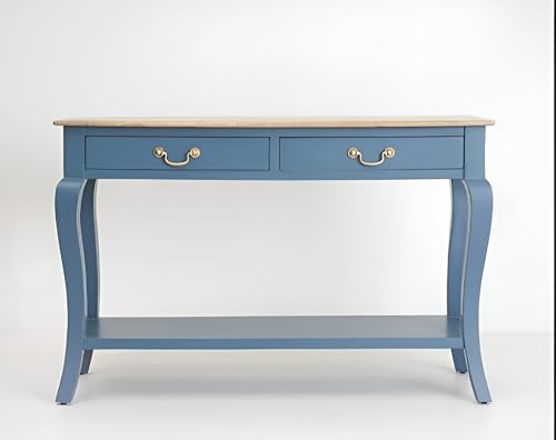 Image of Wooden Console Table with 2 Drawers, Natural Wood Top, Curved Legs, Entryway Sofa Table, Sheesham Wood Study Table with Shelf Storage, 46Lx17Wx30H Inches. (Denim Blue)