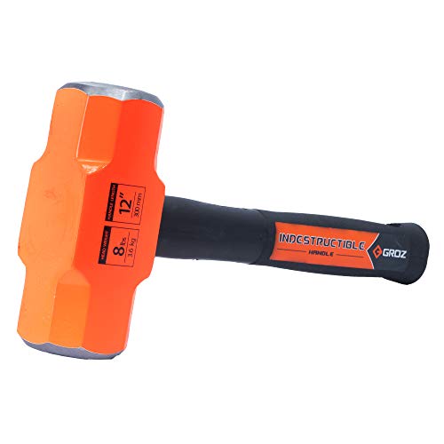 GROZ Heavy Duty 8lb Sledge Hammer with 12-Inch Indestructible Handle | Hard Face Steel Head 52 HRC | Steel Locking Plate | Hi-Visibility Head | Vulcanized Rubber Handle (34522)
