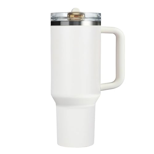 ZJT 40 oz Tumbler with Handle Quenchers ProTour Detachable Flip Straw Lid Tumbler,Vacuum Insulated Tumblers with Top Leak Proof Lids and Flip Straw,Reusable Insulated Cup (Cream White, 40 oz)