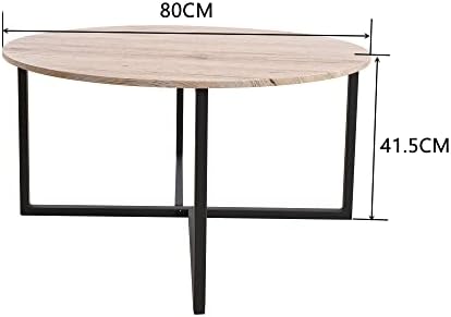 HOJINLINERO Round Coffee Table,Industrial Style Cocktail Table,Durable Metal Frame with Wood Look Accent Furniture,Easy To Assemble,for Living Room, Bedroom,Teak OAK and Black