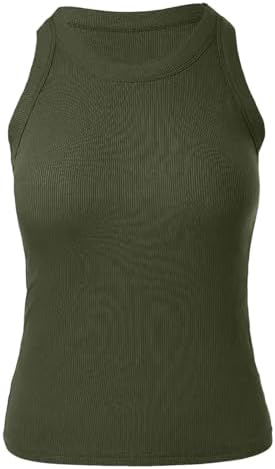 Tops Women,Tank Tops for Women Army Green Halter Ribbed Racerback Slim Camisoles Sleeveless Double Lined Round Neck Top,L - 3