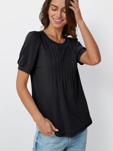 AUTOMET Womens Tops Short Sleeve T-Shirts Blouses Dressy Casual Business Puff Pleated Summer Fashion 2025 Basic Comfy Clothes