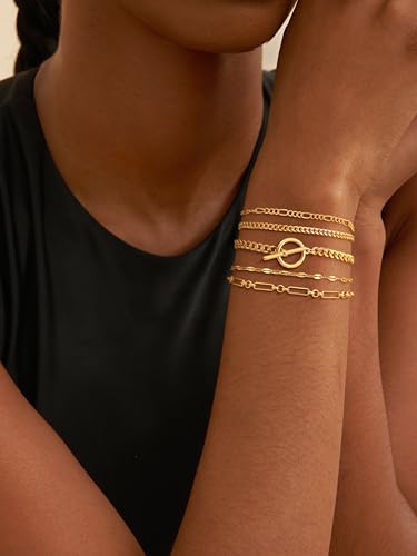 DEARMAY Gold Bracelets for Women Trendy, 14K Dainty Gold Plated Jewelry Sets for Women Waterproof Stackable Cuban Link Toggle Clasp Figaro Chain Bracelets Stack Fashion Accessories2