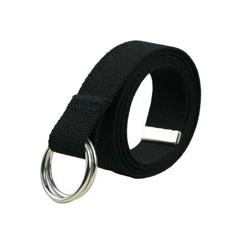 Mens and Womens Canvas Belt with O-ring-Double Ring Belt- 32mm Wide Solid Color,Extra Long- 49 inches-Black