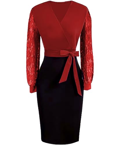 Image of BOGURST Semi Formal Church Dresses for Women Bishop Sleeve Sexy V Neck Bodycon Midi Dresses