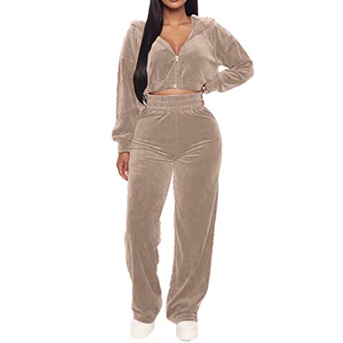 IyMoo Sweatsuits for Women Tracksuit 2 Piece Outfits Velour & Fleece Active Wear Zip-Up Hoodie Sweatpants Sweat Suits Khaki S