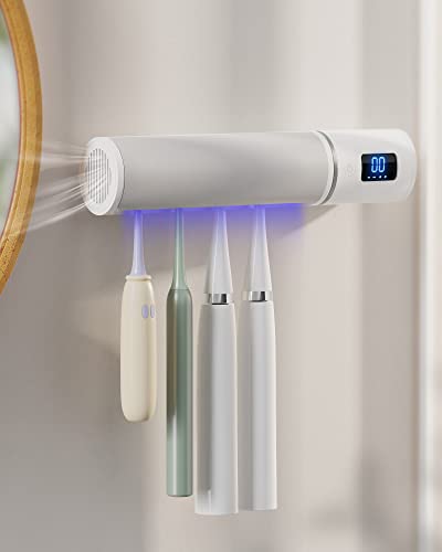 Hipykat Toothbrush Holder Wall Mounted - With Uva+Uvc 4 Cleaning Light & Silent Fan Drying, Motion Activation, Safety Cover, 2000Mah Rechargeable Bathroom Tooth Brush Cleaner, Family Size 4 Slot #TOP30