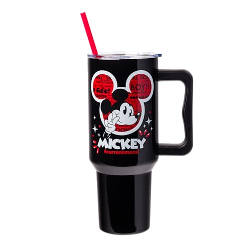 Image of Silver Buffalo Disney Classic Mickey Mouse Hashtag Current Mood inch#currentmood inch Stainless Steel Tumbler with Handle and Straw, Fits in Standard Cup Holder, 40 Ounces (Pack of 12)