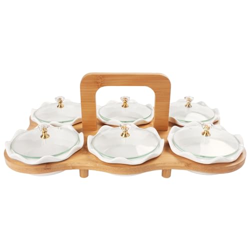 jinsongdafa Ceramic Serving Dishes with glass Lids and Bamboo Platter, 6 Removable Dipping Bowls Relish Tray Nuts Dishes for Appetizer, Fruits, Candy & Condiment, Perfect for Party Entertainment