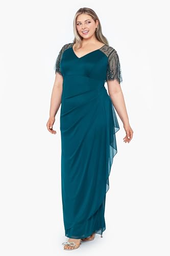Image of Xscape Floor Length Jersey Knit Evening Gown with V-Neckline, Beaded Flutter Sleeves and Ruched Draping