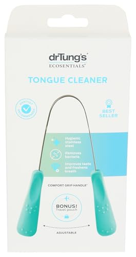 drTung's Stainless Steel Tongue Scraper for Adults & Kids - Metal Tongue Scraper & Cleaner, Freshens Breath, Oral Hygiene Care, Easy-to-Use Comfort Grip Handle, Comes with Travel Case - 1 Pack