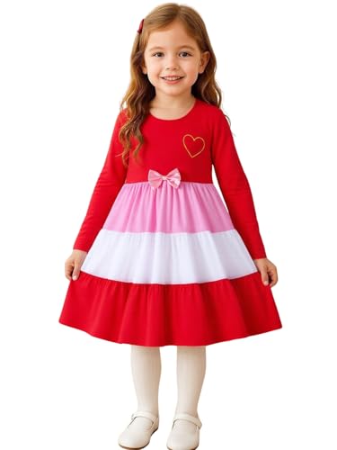 Image of Girl Long Sleeve Dress Ruffle Rainbow Color Block Cotton Casual Tiered Pleated Twirly Dress
