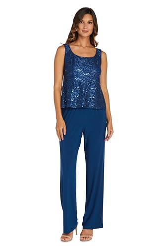 Image of R&M Richards Women's 3-Piece Scallop Glitter Lace Duster Pant Set for Mother of the Bride, Wedding Guest, Cocktail Attire