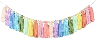 NINGWANG 37Inch Pastel Rainbow Tassel Garland with Wood Bead Colorful Tapestry for Bedroom Wall Classroom Nursery