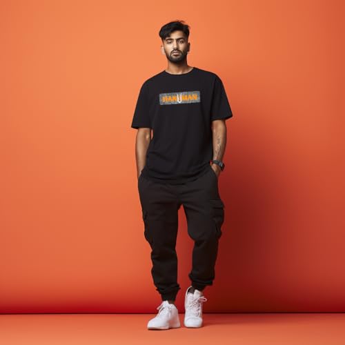 Image of prabhu bhakti Men's Oversized Shree Hanuman Ji Printed Black T-Shirt | Back Print Drop Shoulder Pure Cotton Oversized Tshirt for Men