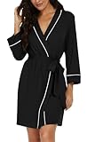 PrinStory Bademantel Damen Kurz V-Ausschnitt 3/4 Ärmeln Morgenmantel Leichter Kimono Robe Lässig Knielang Loungewear (Schwarz, L)
