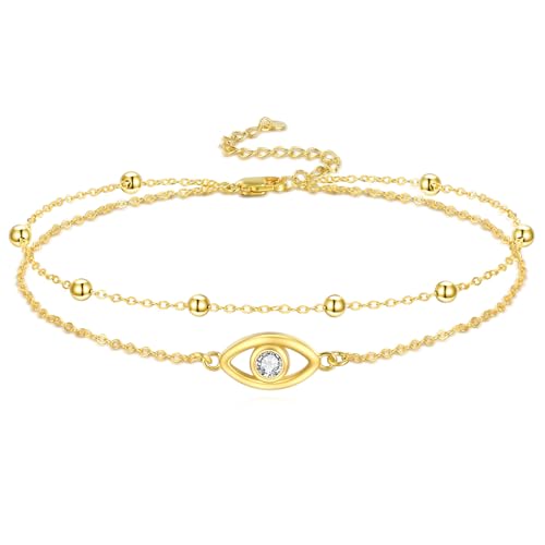 Image of POPLYKE 925 Sterling Silver Double Layered Chain Evil Eye Daisy Sunflower Butterfly Anklets for Women Holiday Beach Crystal Ankle Bracelet Dainty Evil Eye Jewelry