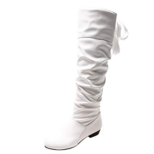 LOIJMK Bottes chaudes au genou pour femme en dentelle avec lanières - Bottes plates - Grandes chaussures d'étudiant - Bottes sans talon pour femme, Blanc., 39 EU