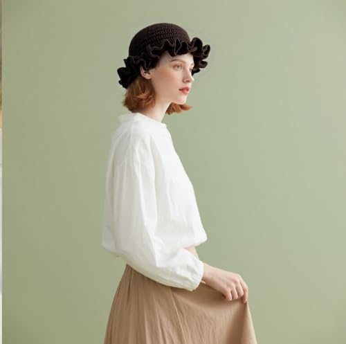 Hshsclth Crochet Hat Knitted Bucket Hats Solid Color Fashion Ruffled Brim Floopy Bucket Hat for Women (US, Alpha, One Size, Brown) - image 4