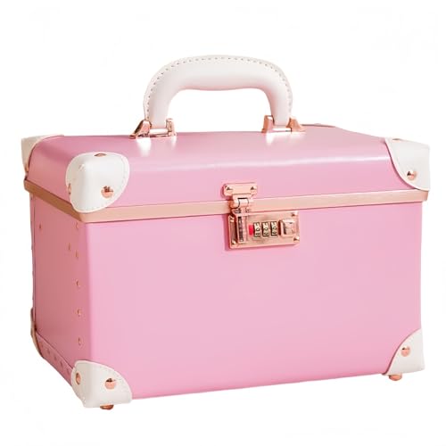 メイクボックス 鏡付き 大容量 プロ用 化粧品収納ボックス調整可能仕切りメイクブラシ収納付き 自立式 旅行用 コンビネーションロック レザー風(Pink,10IN)