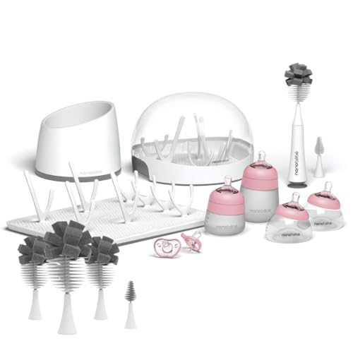 Image of Nanobébé Breastmilk and Silicone Baby Bottle Ultimate Set Gen 2, 5oz and 9oz with Baby Bottle Cleaner Replacement Heads - Pink/Grey