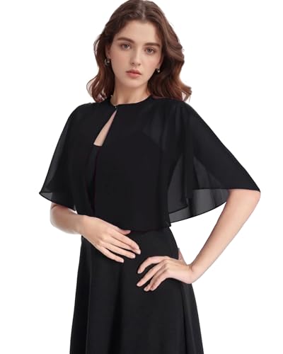 Eyibenlilan Soft Chiffon Shawl Wraps Shrug for Evening Dress Wedding Vintage Style Cape for Women(Black)