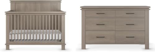 Child Craft Denman Design 4-in-1 Convertible Baby Crib Nursery Furniture Set, Baby Bed and 6 Drawers Double Dresser, for Babies, Toddlers and Kids Bedroom (2 Piece - Crescent Gray)