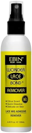 Wonder Lace Bond Wig Adhesive Remover Spray Original - 4.05 fl.oz./120ml Gently removes Wig Glue and Tape adhesives Quickly and Safely. Gentle on Skin, with a Mist Pump and Nozzle Cap for Easy