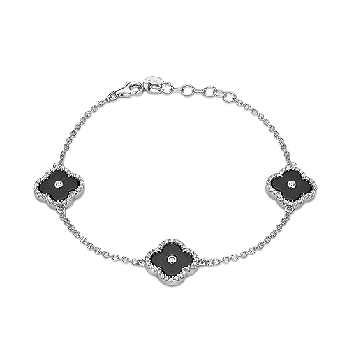 Lavari Jewelers Flower Bracelet for Women - Black Onyx Mother of Pearl Malachite & Cubic Zirconia in 925 Sterling Silver - Hypoallergenic Gold Plated - Adjustable Halo Clover Bracelet - Lobster Claw2