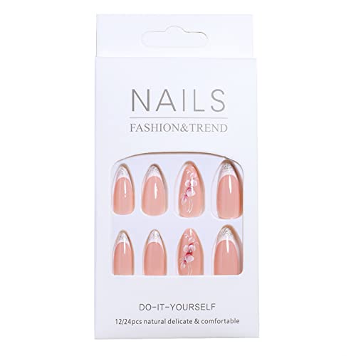 Flowers Press On Nails Medium Fake Nails Pink Flowers False Nails With Silver Glitters Design Full Cover Almond Shaped Glue On Nails Glossy French Tip Acrylic Press On Nails For Women Girls(24Pcs) #TOP7