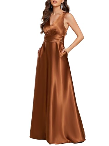 Ever-Pretty Abito Cerimonia Donna Eleganti Lungo Raso Senza Maniche Abito Damigella d'Onore Vestito Elegante Scollo a V Bronzo 36