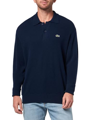 Lacoste Men's Relaxed Fit Carded Wool Polo Sweater, Navy Blue, Medium