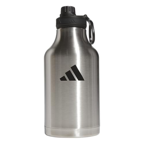 adidas 2 Liter (62 Oz) Metal Water Bottle, Hot/Cold Double-Walled Insulated 18/8 Stainless Steel, Stainless Steel/Black/2, 62 Ounces