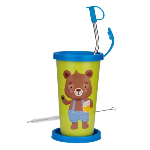 PDDFALCON Stainless Steel Cartoon Print Glass/Tumbler With Steel Straw,Cleaning Brush & Food Grade Cap for Straw, 100% Leak Proof, BIS Certified, Jindal Seal & Made In India- 450ml (Green)
